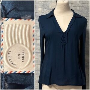Anthropologie Postmark Navy Blue V‎ Neck Button Detail Long Sleeve Top XSmall